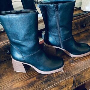 Sun + Stone Boots Midnight Black, Side Zipper w/ Chunky Heel. Classy and Comfy